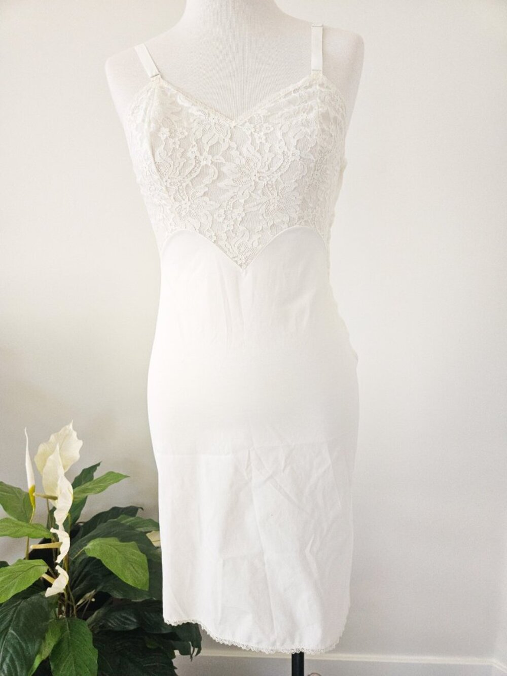 Vintage Seamprufe 1950s White Floral Lace Bodice Nightgown Slip Dress Sz 32